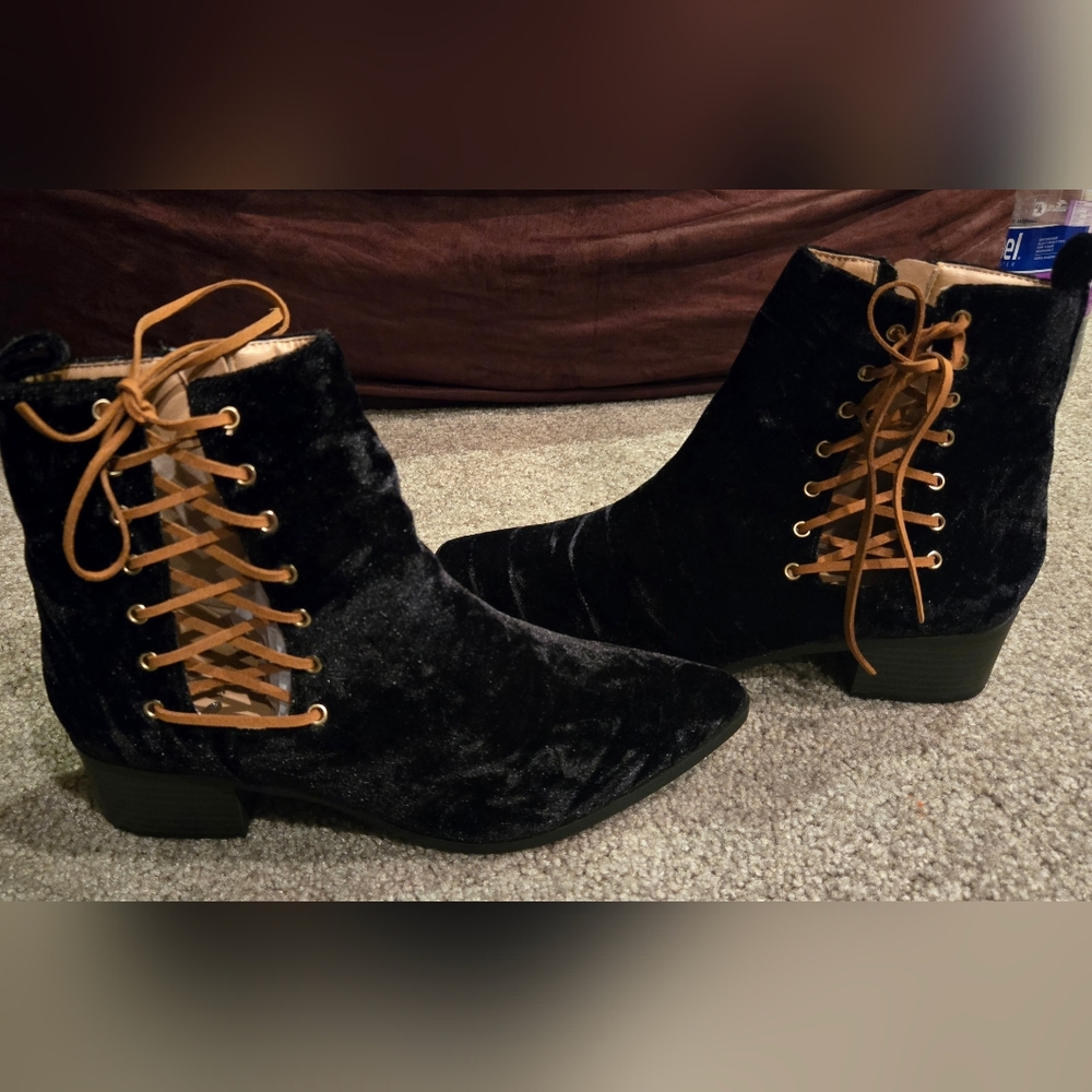 Black Velvet Lace-Up Ankle Boots 9